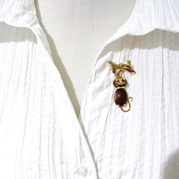 Dangle Cat Bow Tie Pin, 1960s, Rhinestones, Hobco - Picture 7 of 7